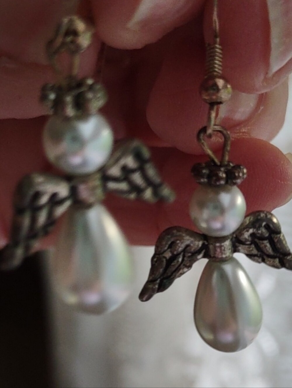 Pearl Angel Drop Earrings - Silver-Tone Wings